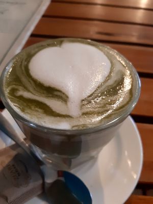 Very energetic matcha latte with hemp milk for 150 rs. at Organic Smoothie Bowl & Cafe - Lazimpat in Kathmandu