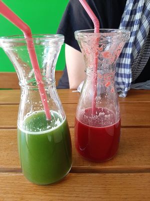 Varde and pink panda juices. Highly recommended! at Organic Smoothie Bowl & Cafe - Lazimpat in Kathmandu