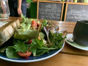 Salad and sourdough with moringa tea at Organic Smoothie Bowl & Cafe - Lazimpat in Kathmandu