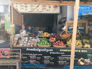 Shop front & fruit stand  at Kampot Juice Box in Kampot