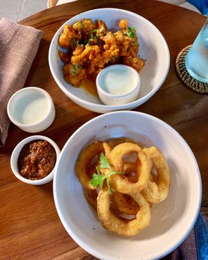 Onion rings and buffalo cauliflower wings at Bella by Sage in Ubud