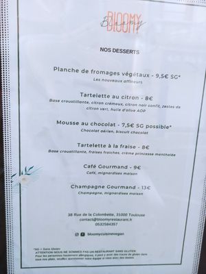 Menu at Bloomy in Toulouse