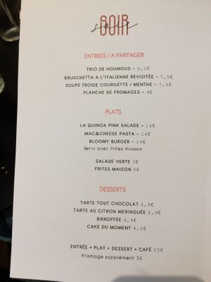 Evening menu at Bloomy in Toulouse