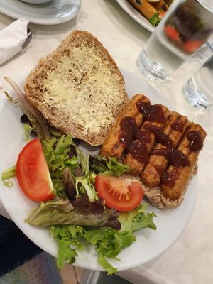 Vegan sausage sandwich with salad. at Inspiration in Driffield