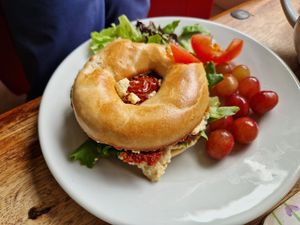 Inspiration Café Bagel with Humus and dried tomatoes at Inspiration in Driffield