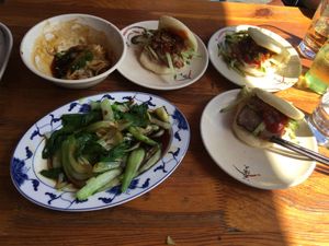 Steamed Bok Choy, Wan tan, and famous Biao buns  at Lon Men's Noodle House in Berlin