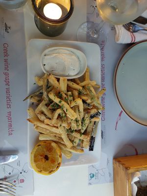 Fried zucchini and eggplant at Marmita in Skiathos