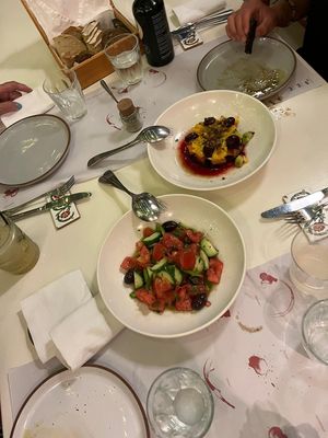 Beetroot and Orange Salad and Greek salad without feta.  at Marmita in Skiathos