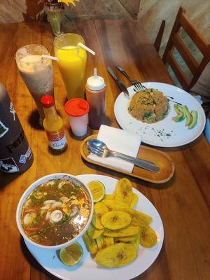 Ceviche de Palmito con Chifles y chaulafan de quinoa vegetarena. Super yummy savory quinoa dish with broccoli, peppers and beans. Pretty solid vegan ceviche, though we did not enjo at Bio Mindo in Mindo