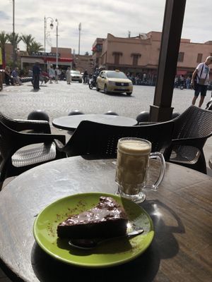 Mud cake and iced cafe with soya milk at Earth Cafe - Messfloui in Marrakech
