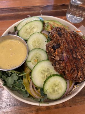 Ginger garden salad with an added bean burger and curry dressing at Ginger's Garden Cafe in Springville