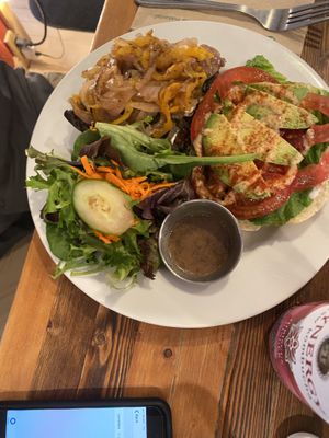 Portobello sandwich with side salad at Ginger's Garden Cafe in Springville