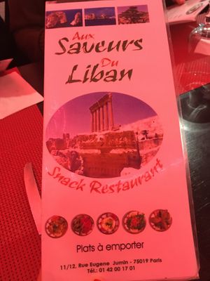 Front page of the menu at Aux Saveurs du Liban in Paris