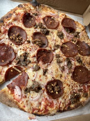 Pepperoni, meatball, onion, Numu cheese, plain tomato sauce and red pepper flakes  at Create A Pizza in Rochester