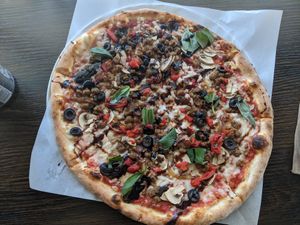 vegan sausage and cheese! at Create A Pizza in Rochester