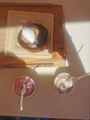 Cookie and brownie ice-cream and raspberry cheesecake at Scoop 'n Dough in Lisbon