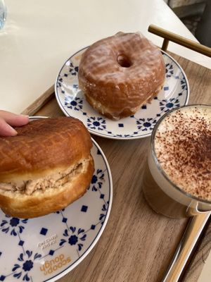 Regular doughnut, ice cream sandwich and cappuccino   at Scoop 'n Dough in Lisbon