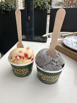 Passion fruit and raspberry macaron and black sesame seed ice creams.   at Scoop 'n Dough in Lisbon