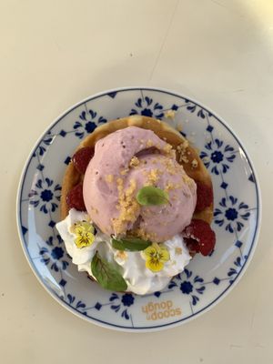 Vegan waffle and vegan raspberry cheesecake ice cream scoop  at Scoop 'n Dough in Lisbon