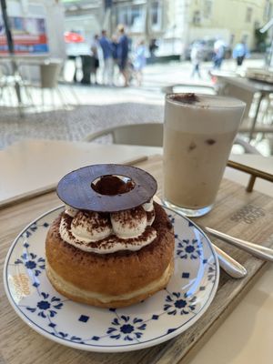 Tiramisu doughnut and Iced Latte  at Scoop 'n Dough in Lisbon