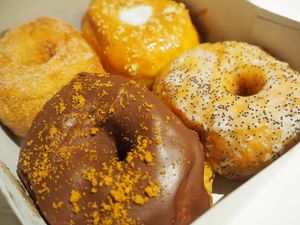 Cinnamon, salted caramel, Belgium chocolate and lemon poppy seed donuts! Yummmm at Scoop 'n Dough in Lisbon
