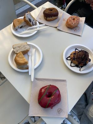 Donuts, doughring sandwiches and doughnut waffle with ice cream at Scoop 'n Dough in Lisbon