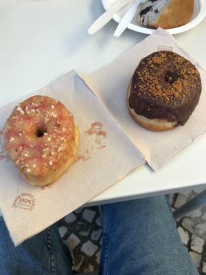 Doughnuts Belgian chocolate and peanut butter with jelly at Scoop 'n Dough in Lisbon
