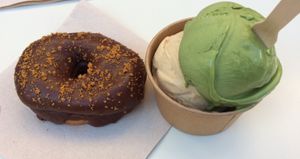 Chocolate donut, peanut butter ice cream and matcha ice cream at Scoop 'n Dough in Lisbon
