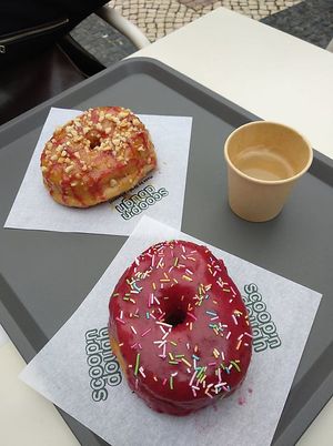 Peanut Butter Jelly on the back, and strawberry?, cherry?, glaze with sprinkes in the front at Scoop 'n Dough in Lisbon