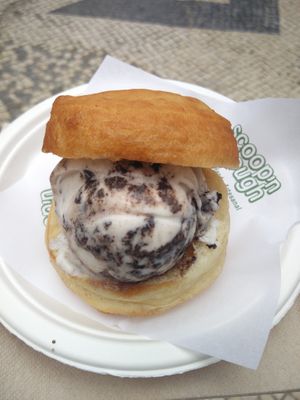 Cookie and cream ice cream in a doughnut sandwich  at Scoop 'n Dough in Lisbon