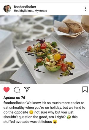 Avocado caprese mozzarella basil pesto cheery tomatoes cream balsamic at Healthylicious in Mykonos