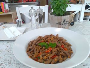 Vegan gluten free pasta salad.  at Healthylicious in Mykonos
