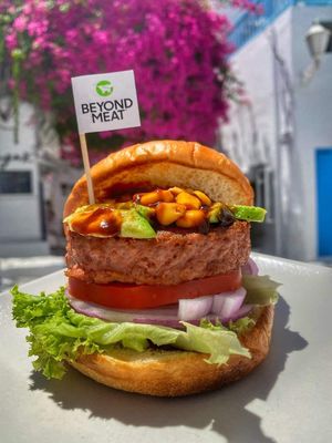 Plant-based beyond burger. at Healthylicious in Mykonos