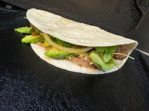A taco with The Avocado filling. Pinto beans, salsa and avocado with Ivano's house-made cashew sauce. at IVANOPOBLANO in London