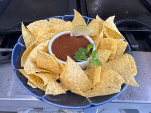 Appetizer Tortilla chips and Ivano's house-made Salsa.  at IVANOPOBLANO in London