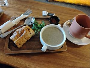 Vegan mushroom soup, vegan sausage roll and herbal tea at Myo in Cork