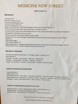 Printed price list at Medicine in Birmingham