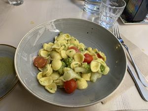 Vegan pasta of the day. An olive oil sauce with tomatoes and broccolini. Great!   at Rosemary in Rome
