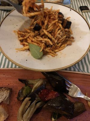 Favorite pasta dish ever! And grilled veggies! at Rosemary in Rome