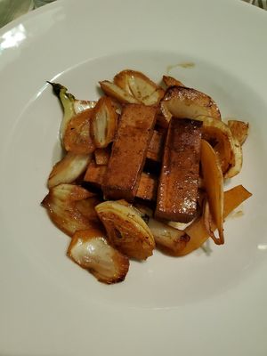 Orange tofu with roasted fennel at Rosemary in Rome