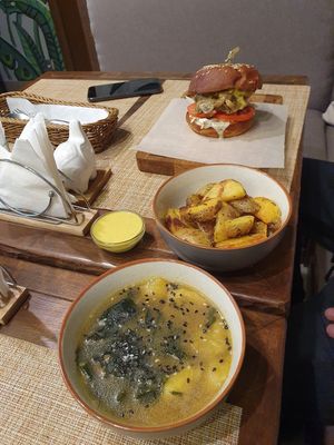 Miso soup, potatoes and "chicken" burger at Yellow SLON in Minsk