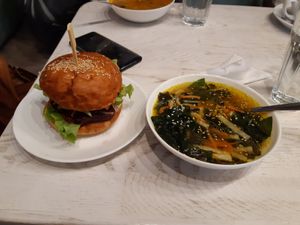 Seitan burger and miso soup at Yellow SLON in Minsk