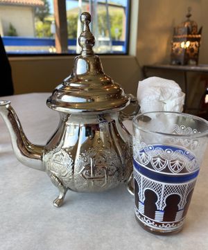 Moroccan Mint Tea.  Hot sweetened mint tea. at Oasis Restaurant and Catering in Pismo Beach