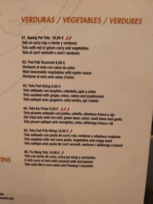 Menu / vegetables section (May 2019) at Bangkok Cafe in Barcelona