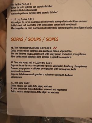 Menu / soup section (May 2019) at Bangkok Cafe in Barcelona