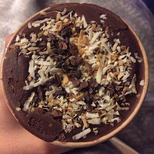Chocolate sorbet with cocoa nibs and coconut. at Eat Me Ice Cream in Rochester