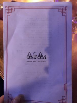 Menu front  at Three Monks and a Duck in Toronto
