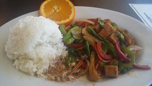 The vegan version of Pad Prik King had straw mushrooms & was also medium heat. Fresh and fabulous. at Thai Basil in Meridian