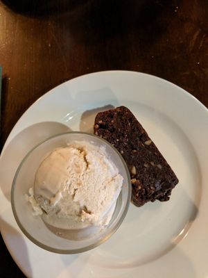 Vegan nut brownie and salted caramel ice-cream at New Bowling Green in Warwick