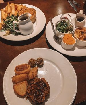 Sunday roast - nut roast & mushroom pie, cauli cheese, veggies & gravy  at New Bowling Green in Warwick